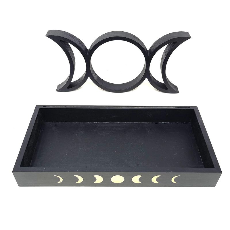 Wooden Triple Moon &amp; Moon Phase Tarot Card Tray Holder