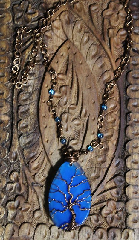 Copper Tree of Life wrapped on a blue agate slice Necklace