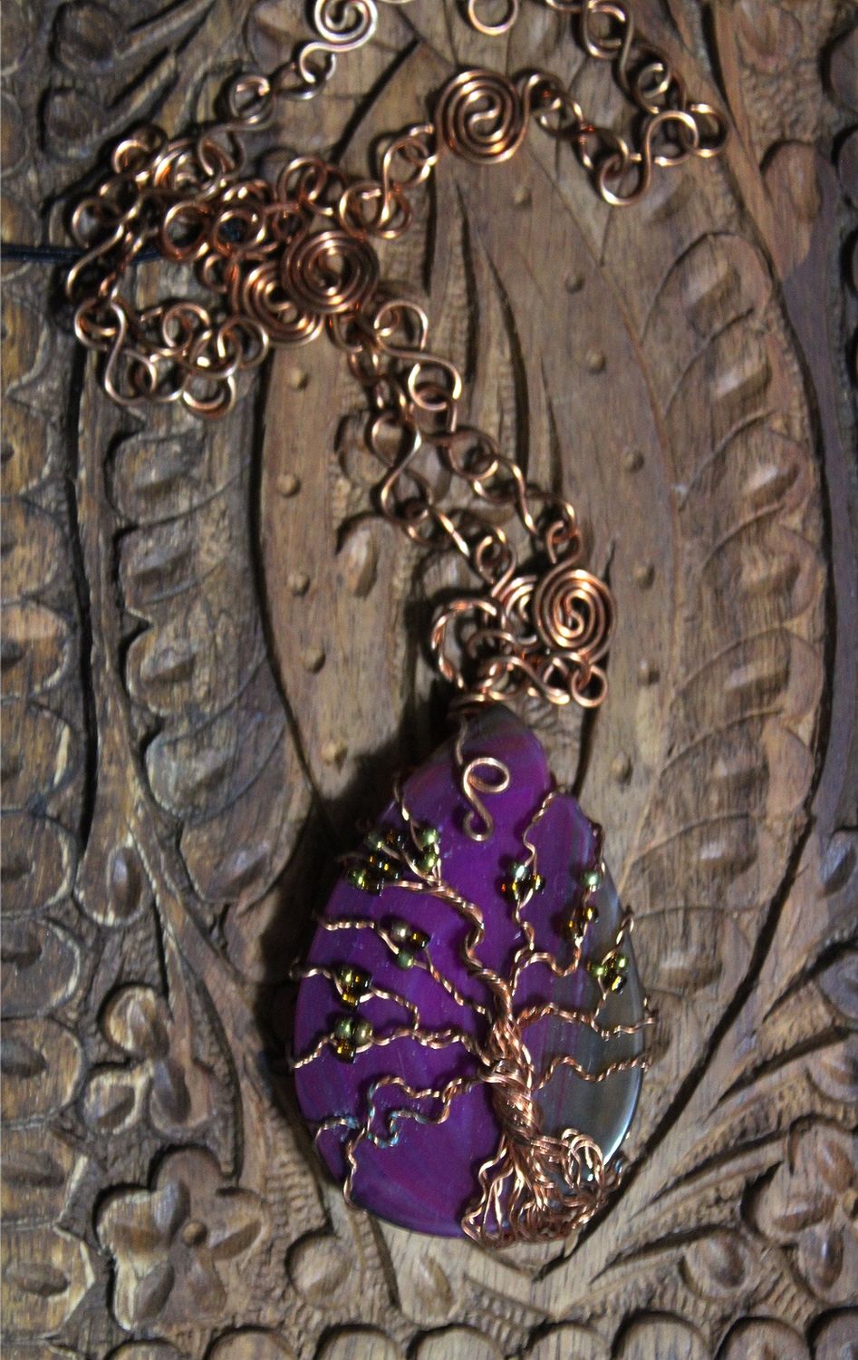 Copper Tree of Life wrapped on a purple Agate Slice Necklace