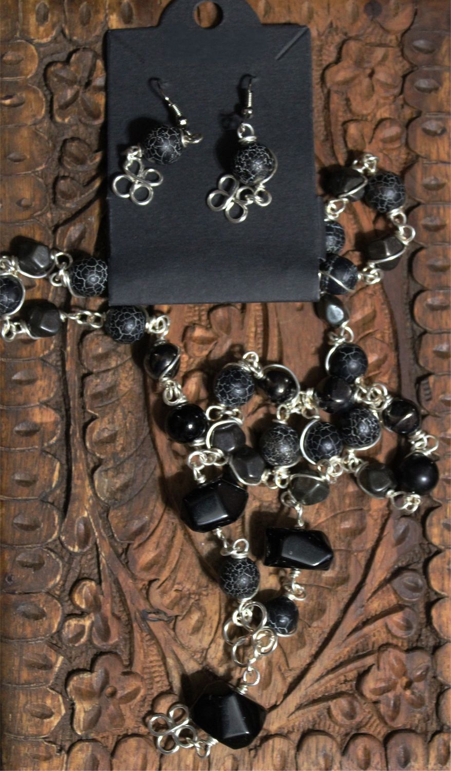 Wire Wrapped Black Onyx &amp; Black Hematite Necklace and Earrings