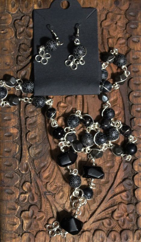 Wire Wrapped Black Onyx &amp; Black Hematite Necklace and Earrings