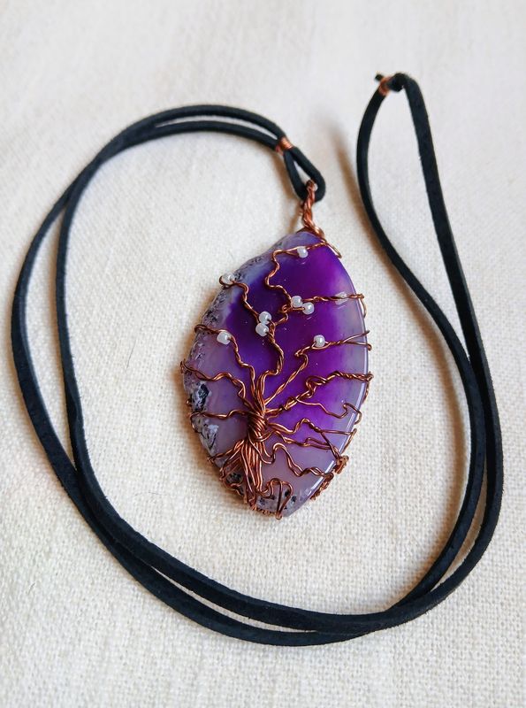 Copper Tree of Life wrapped on purple agate slice Necklace
