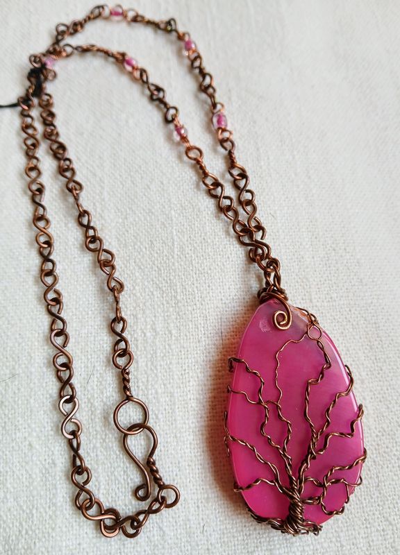 Copper Tree of Life Wrapped Pink Agate Slice Necklace