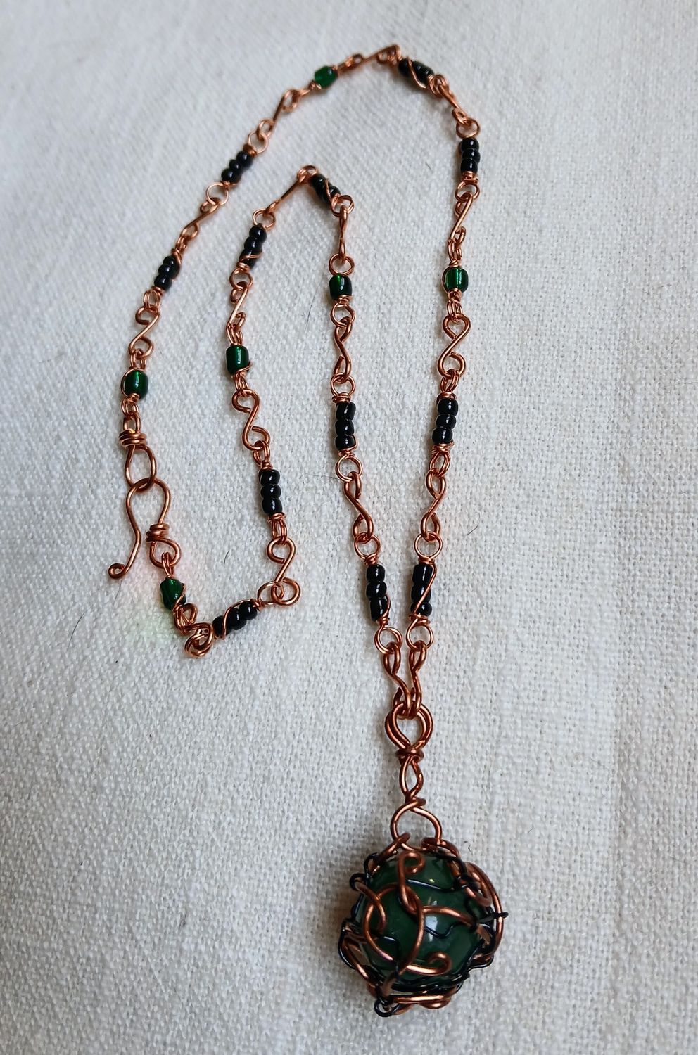 Copper Wire Wrapped Green Sphere Necklace