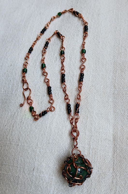 Copper Wire Wrapped Green Sphere Necklace
