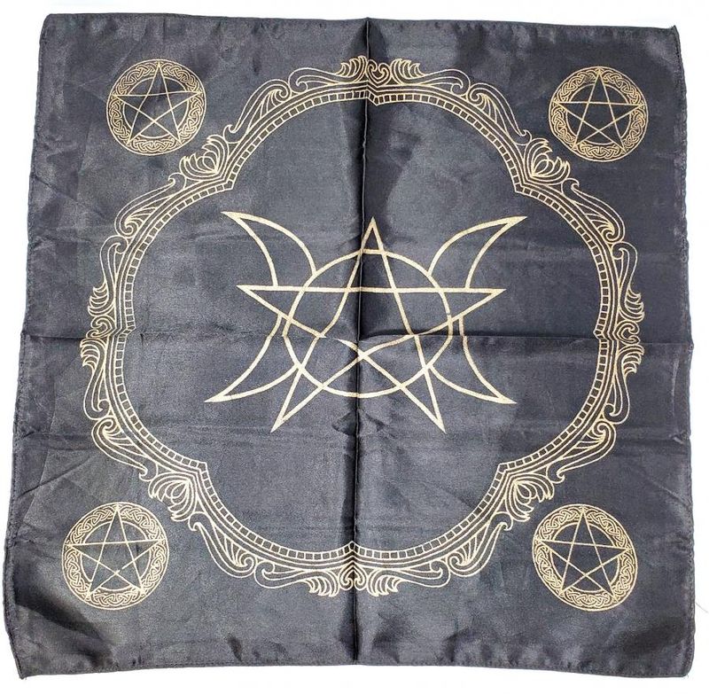 Triple Moon Pentagram Altar Cloth - Gold print on Black ADD WT!!!!