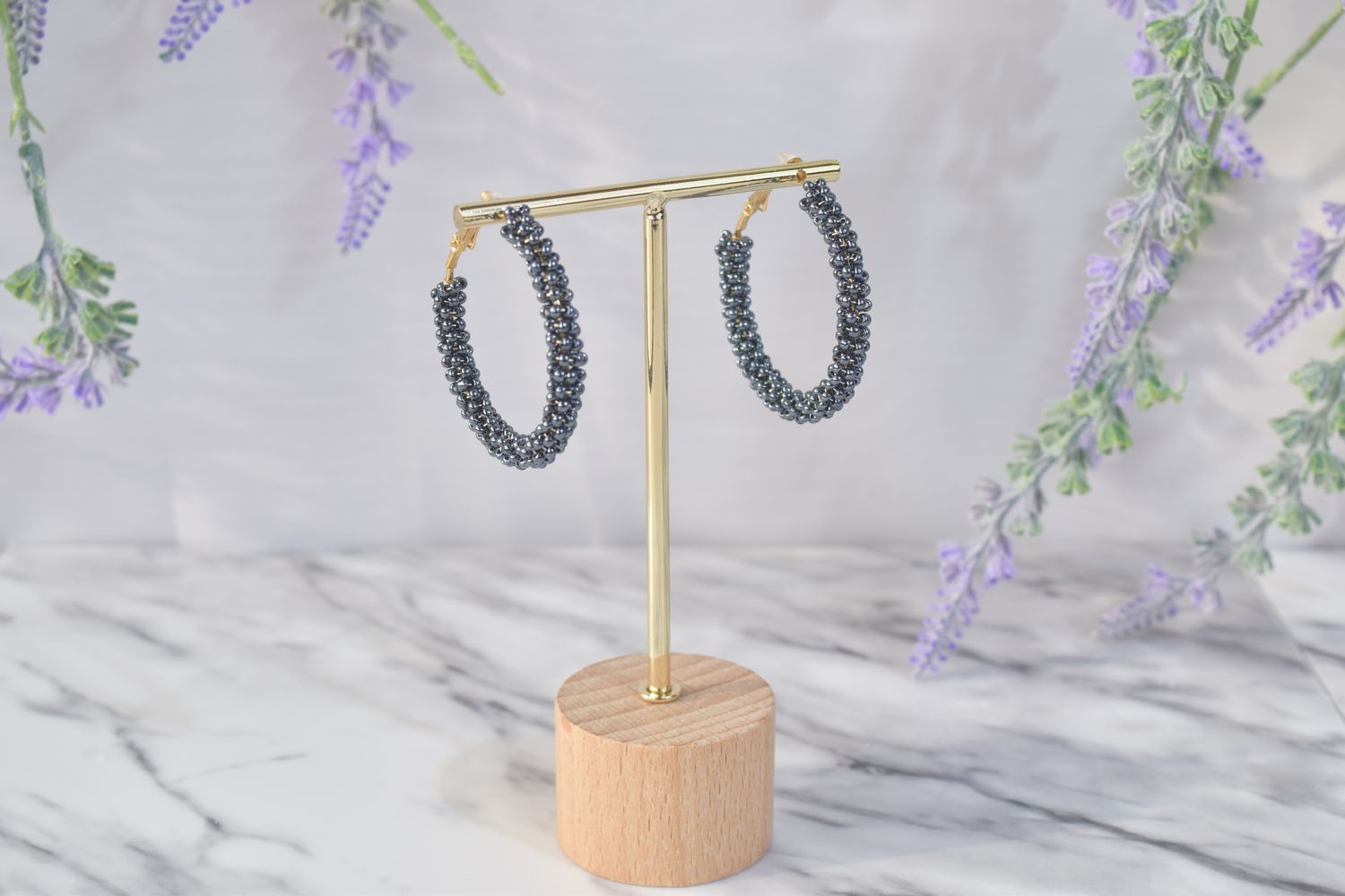 Argollas Grandes Tejido Gris-Negro