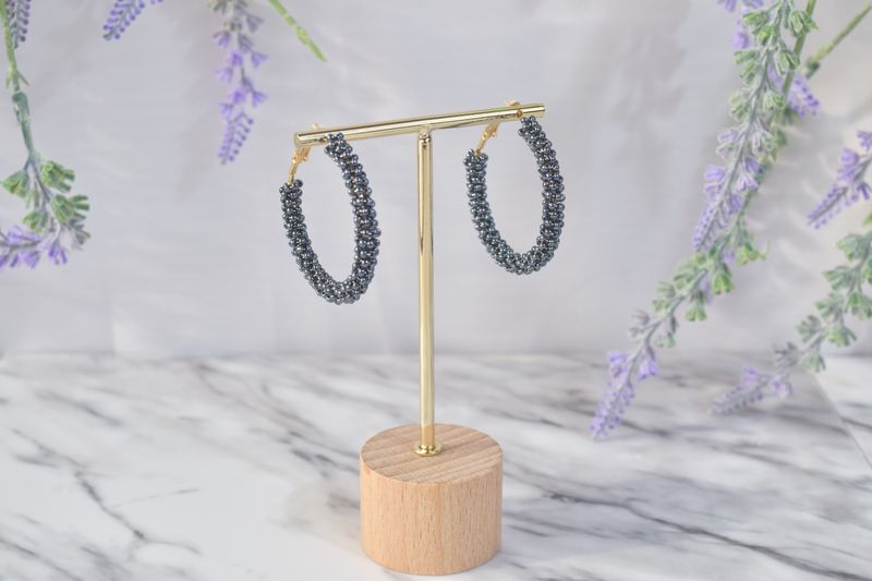 Argollas Grandes Tejido Gris-Negro