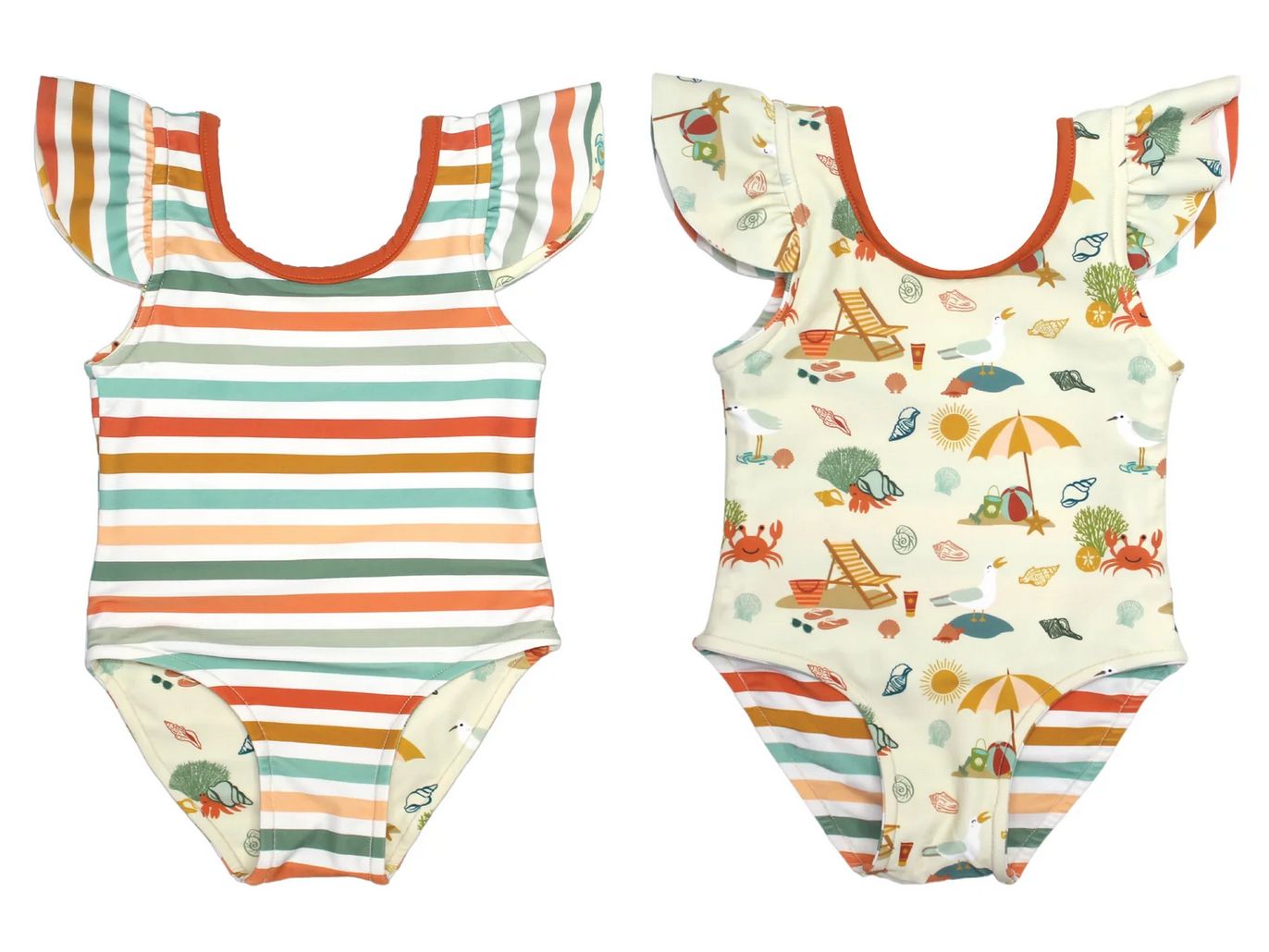 Beach Day &amp; Coral Stripes Reversible Ruffle Swimsuit, Size: 3-6M
