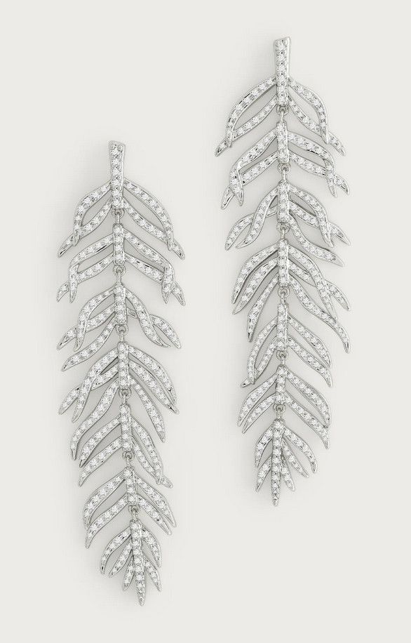 Palm Leaves Dangle Earrings - Silver Pave