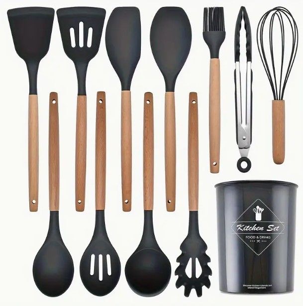 Silicone Kitchen Cooking Utensils Set, 12 pcs Non-stick Silicone Kitchen Utensils, Color: Black