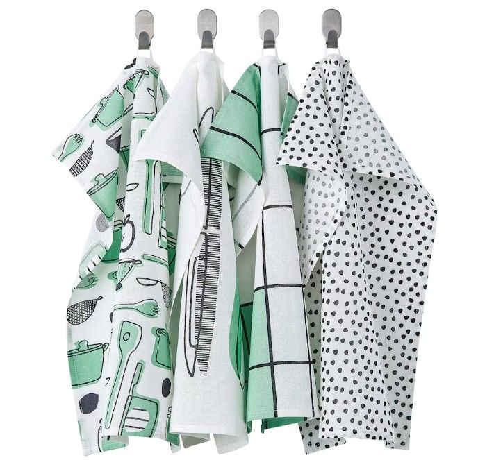 RINNIG Tea-towel, white/green/patterned,  4-pack, 45x60 cm (18x24 &quot;)