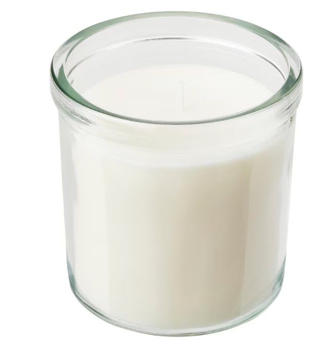 JÄMLIK Scented candle in glass, Vanilla/light beige, 40 hr