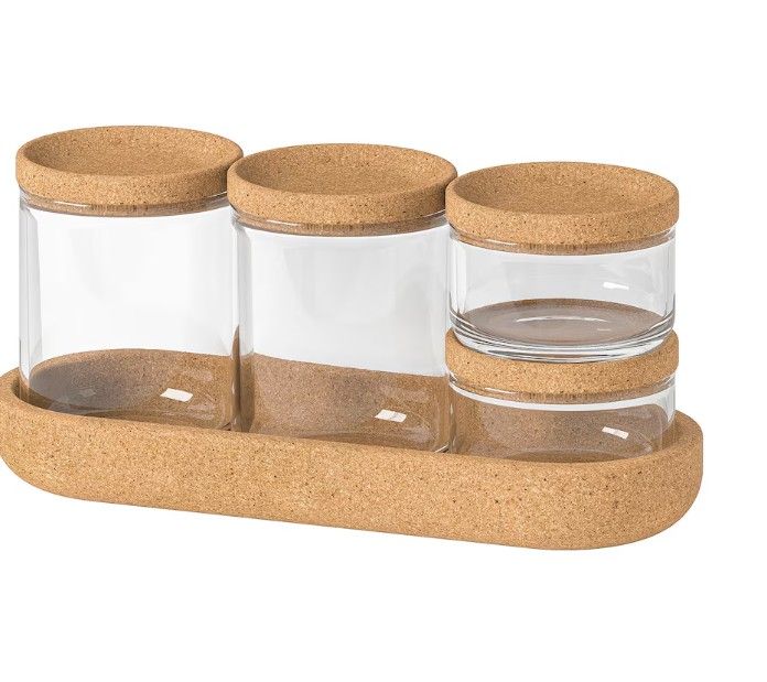 SAXBORGA Jar with lid and tray, set of 5, glass cork