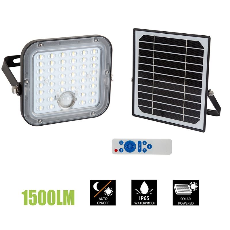 Solar Floodlight &amp; Sensor Black LED 1500lm 6000K
