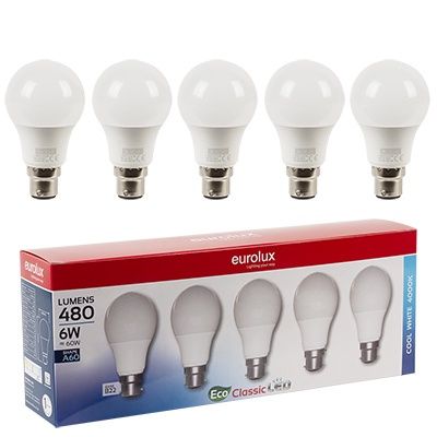 A60 Classic 6w LED B22 4000K 5 Pack