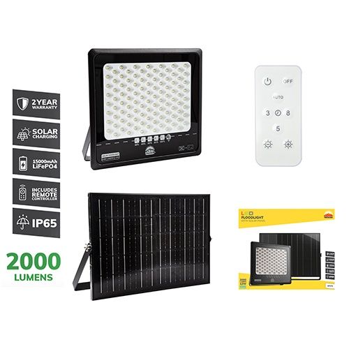Solar Floodlight &amp; Remote LED 2000lm 6500K