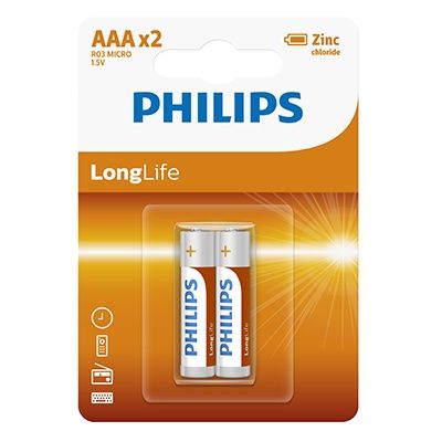 Philips Longlife Zinc AAA Batteries 1.5V 2 Pack