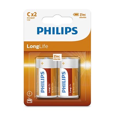 Philips Longlife Zinc C Batteries 1.5V 2 Pack