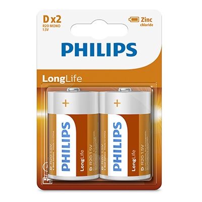 Philips Longlife Zinc D Batteries 1.5V 2 Pack