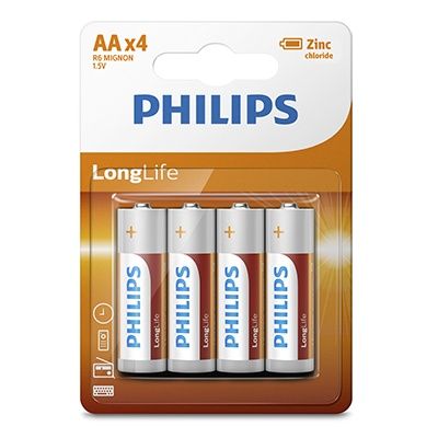 Philips Longlife Zinc AA Batteries 1.5V 4 Pack