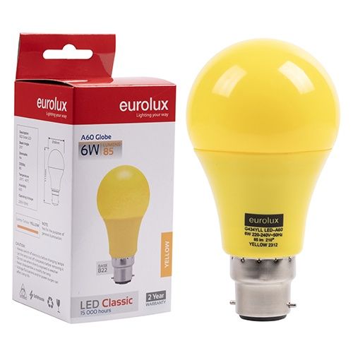A60 Coloured Classic 6w LED B22 Yellow N