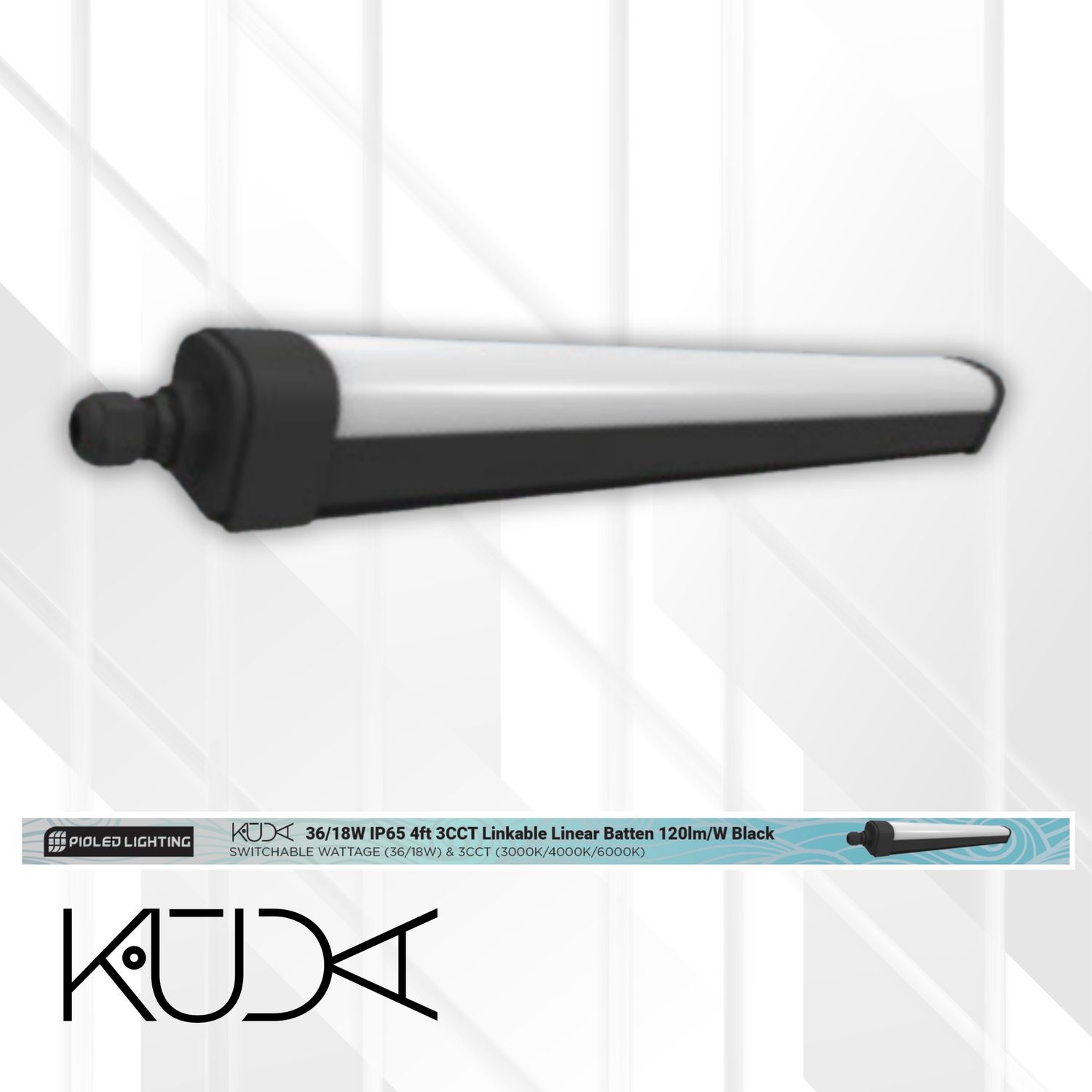 KUDA 4FT Dual-Watt Linkable Tri-Proof IP65 Linear Light 36W/18W, Colour: Black