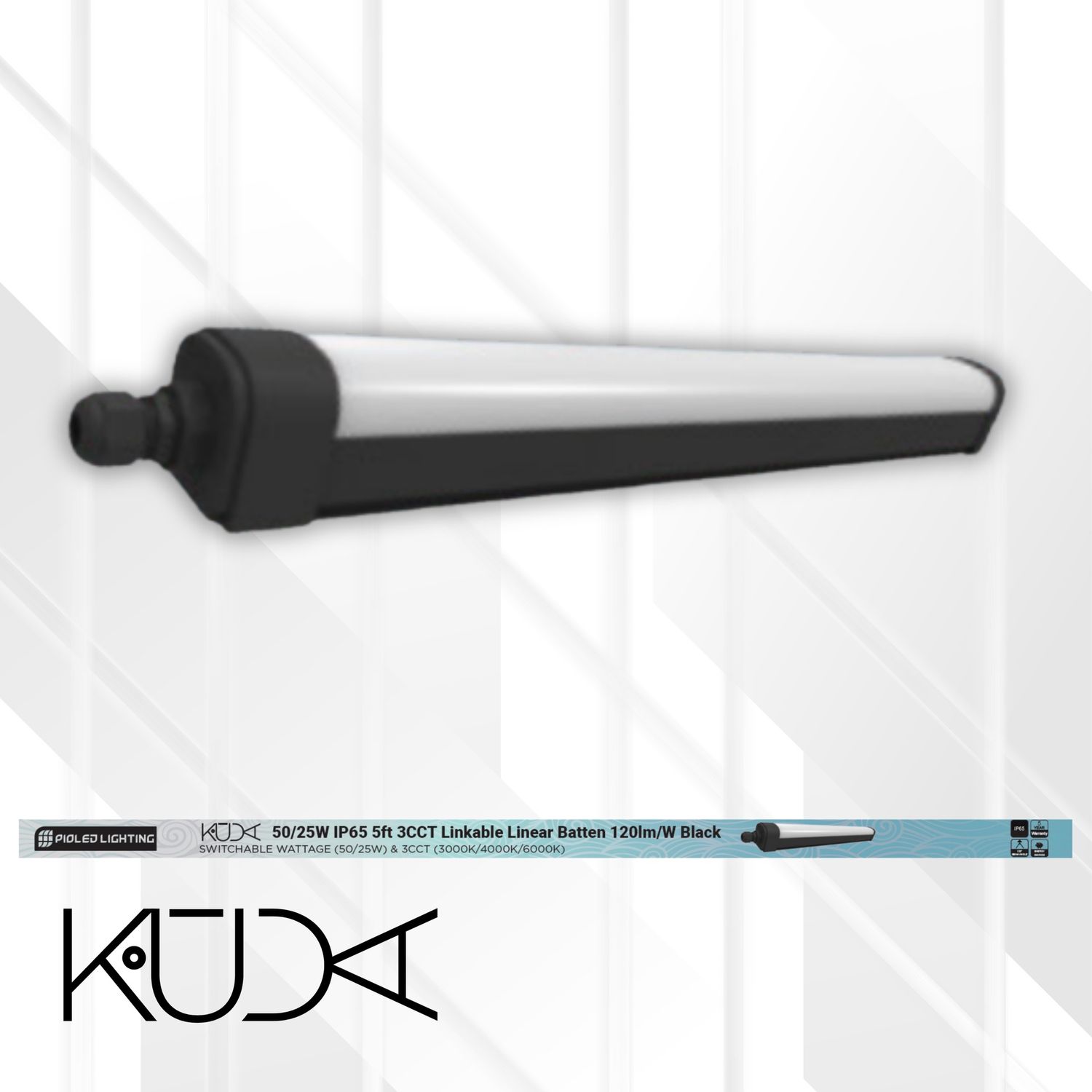 KUDA 5FT Dual-Watt Linkable Tri-Proof IP65 Linear Light 25W/50W, Colour: Black