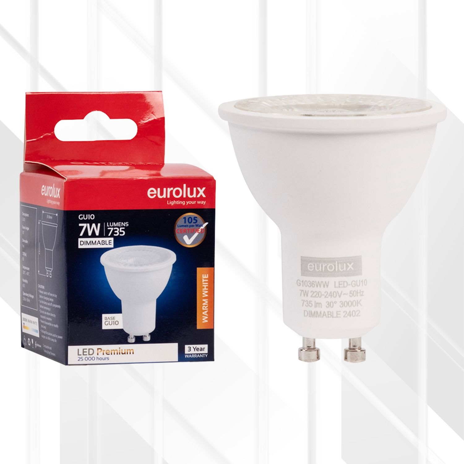 GU10 Premium Clear Lens 7W LED Dimmable, Colour Temperature: 3000K (Warm White)