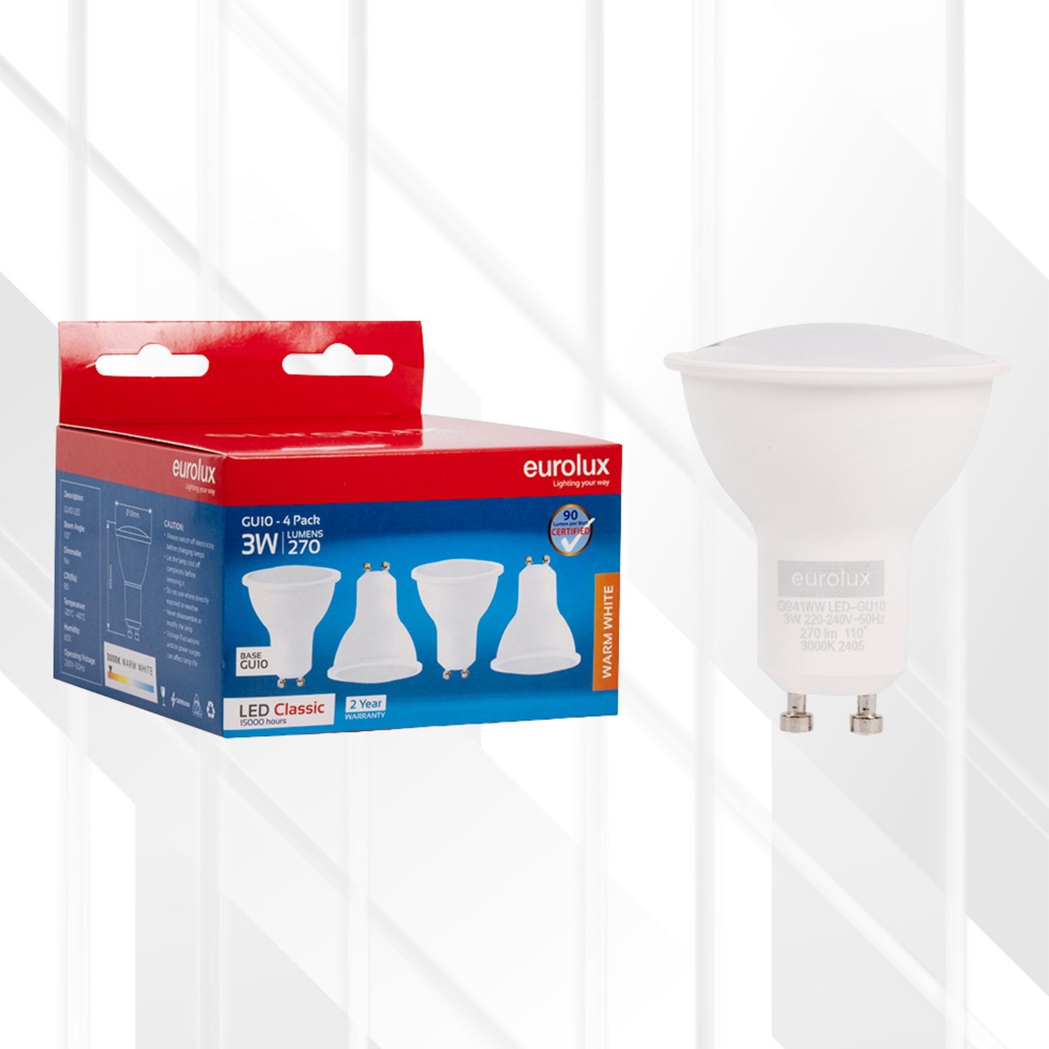 GU10 Classic Frosted Lens 3W LED 4-Pack, Colour Temperature: 3000K (Warm White)