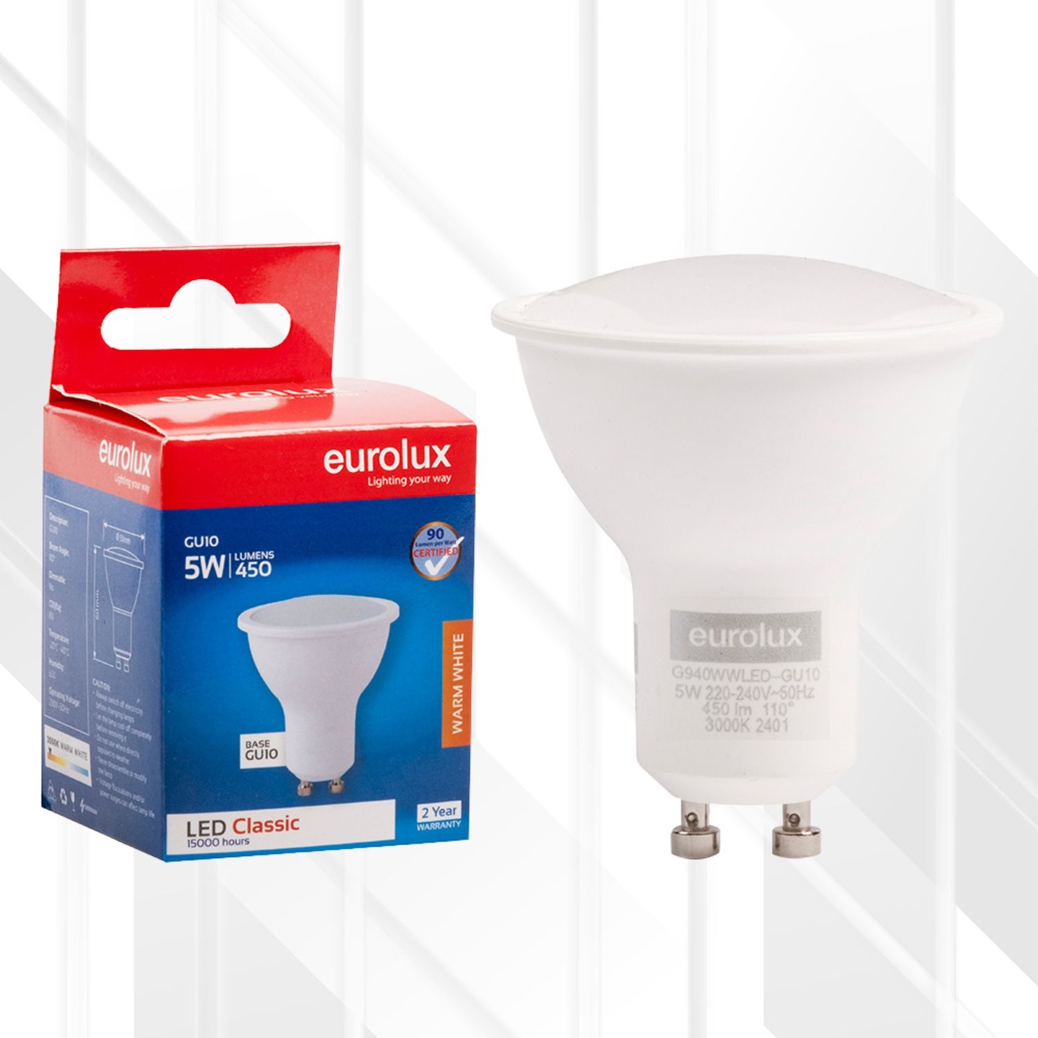 GU10 Classic Frosted Lens 5W LED, Colour Temperature: 3000K (Warm White)