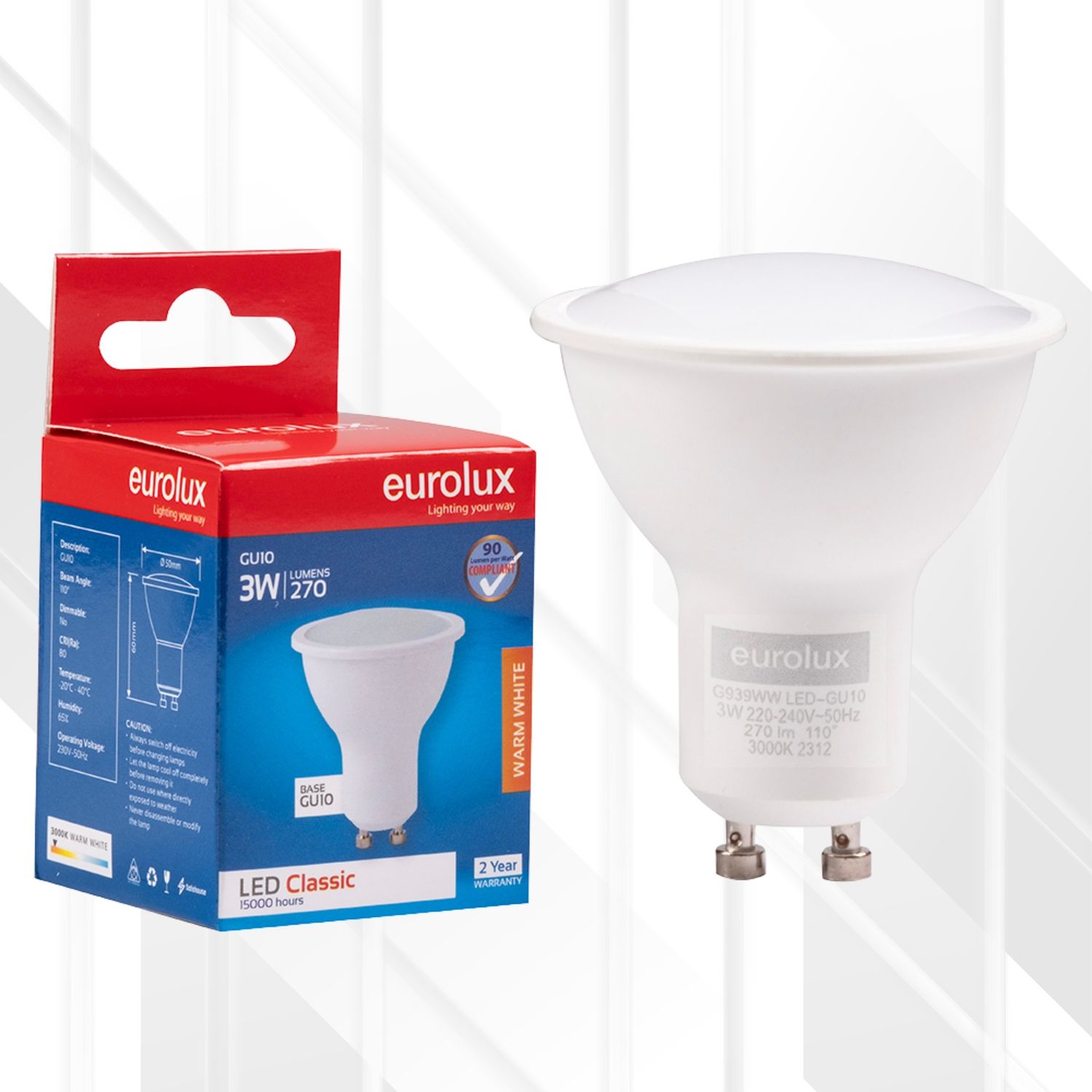 GU10 Classic Frosted Lens 3W LED, Colour Temperature: 3000K (Warm White)