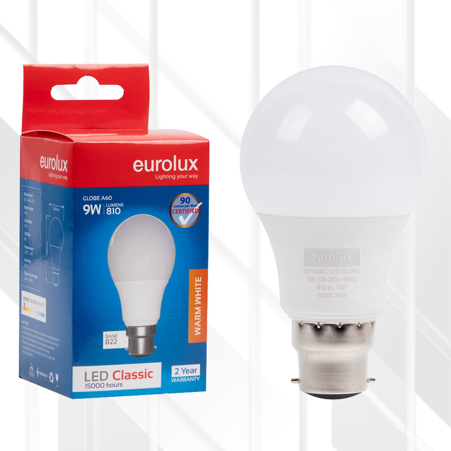 A60 Classic Core B22 9W LED, Colour Temperature: 3000K (Warm White)
