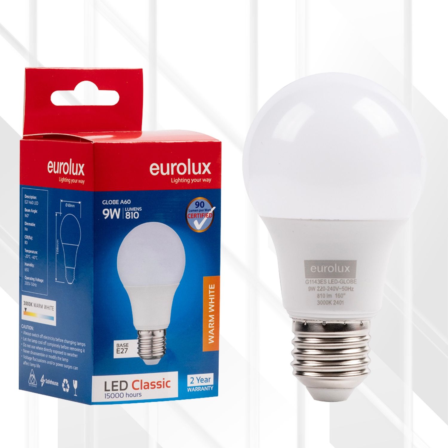 A60 Classic Core E27 9W LED, Colour Temperature: 3000K (Warm White)
