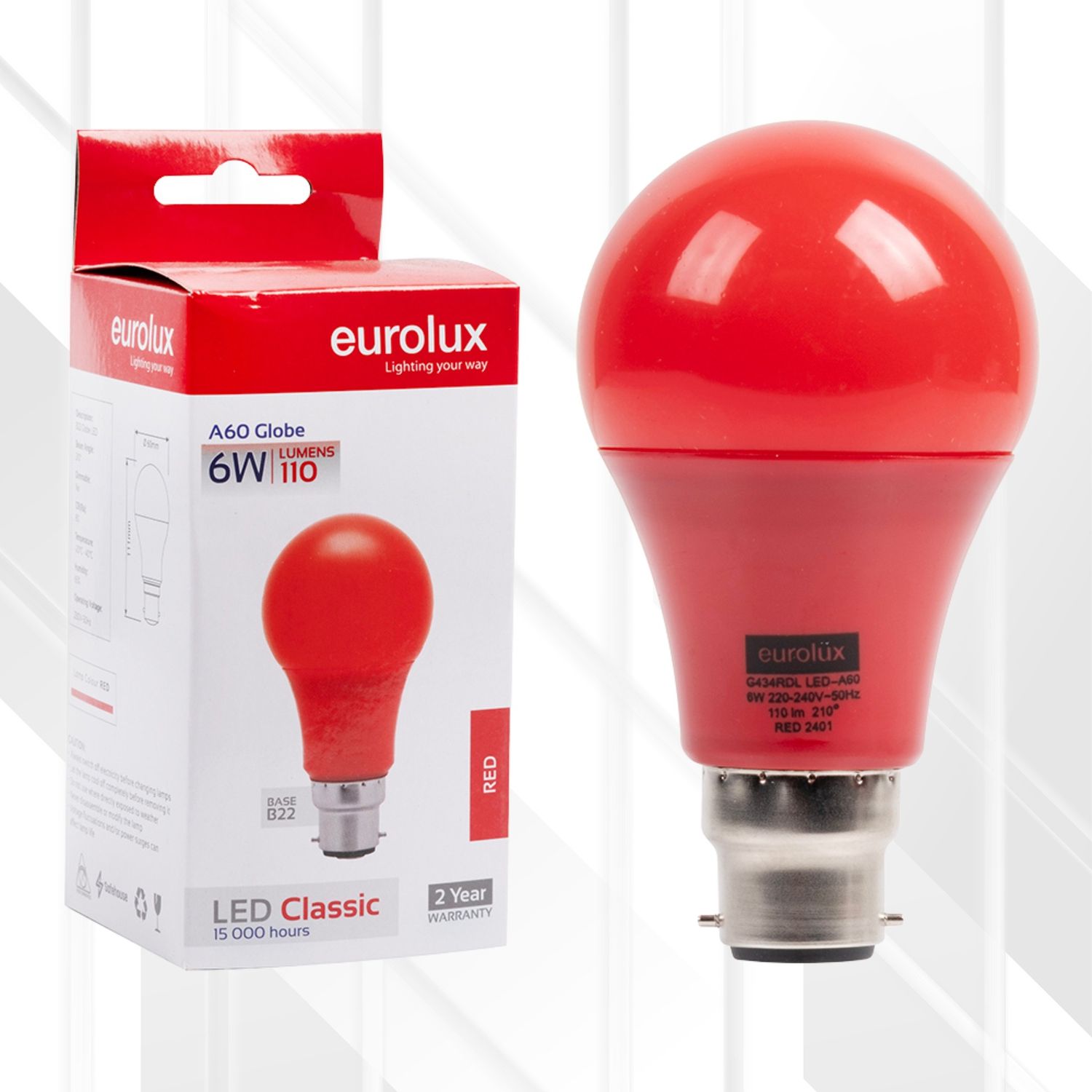 A60 Coloured Classic 6W LED B22, Colour: Red