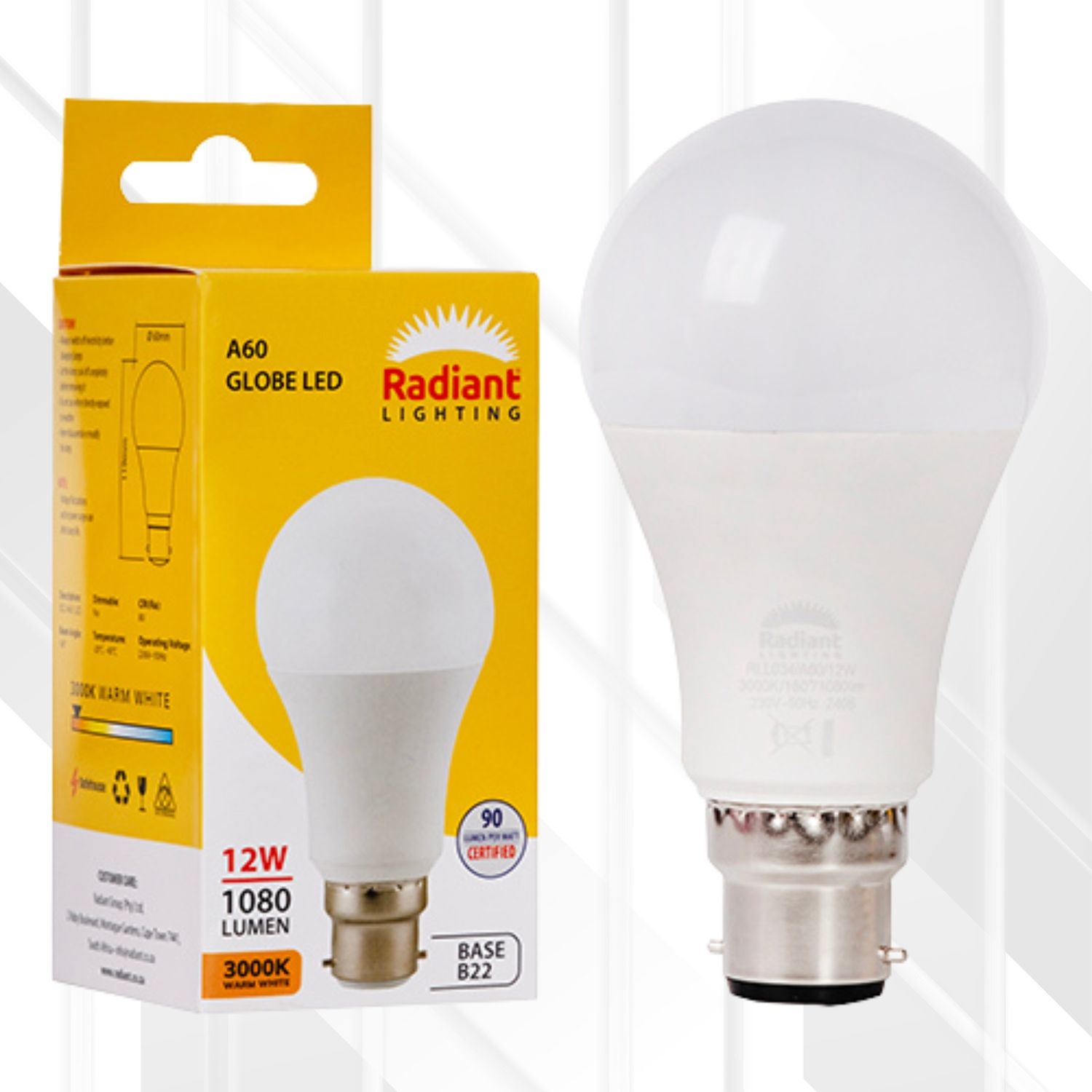 A60 12W Globe LED B22, Colour Temperature: 3000K (Warm White)