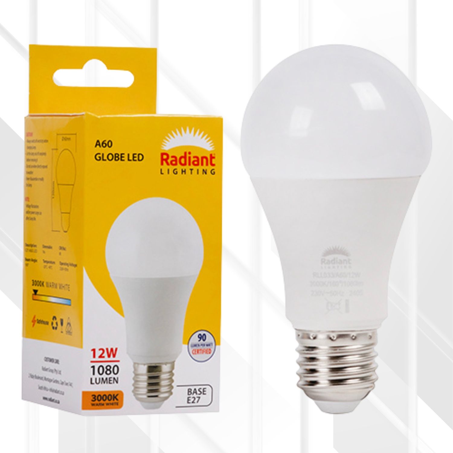 A60 12W Globe LED E27, Colour Temperature: 3000K (Warm White)