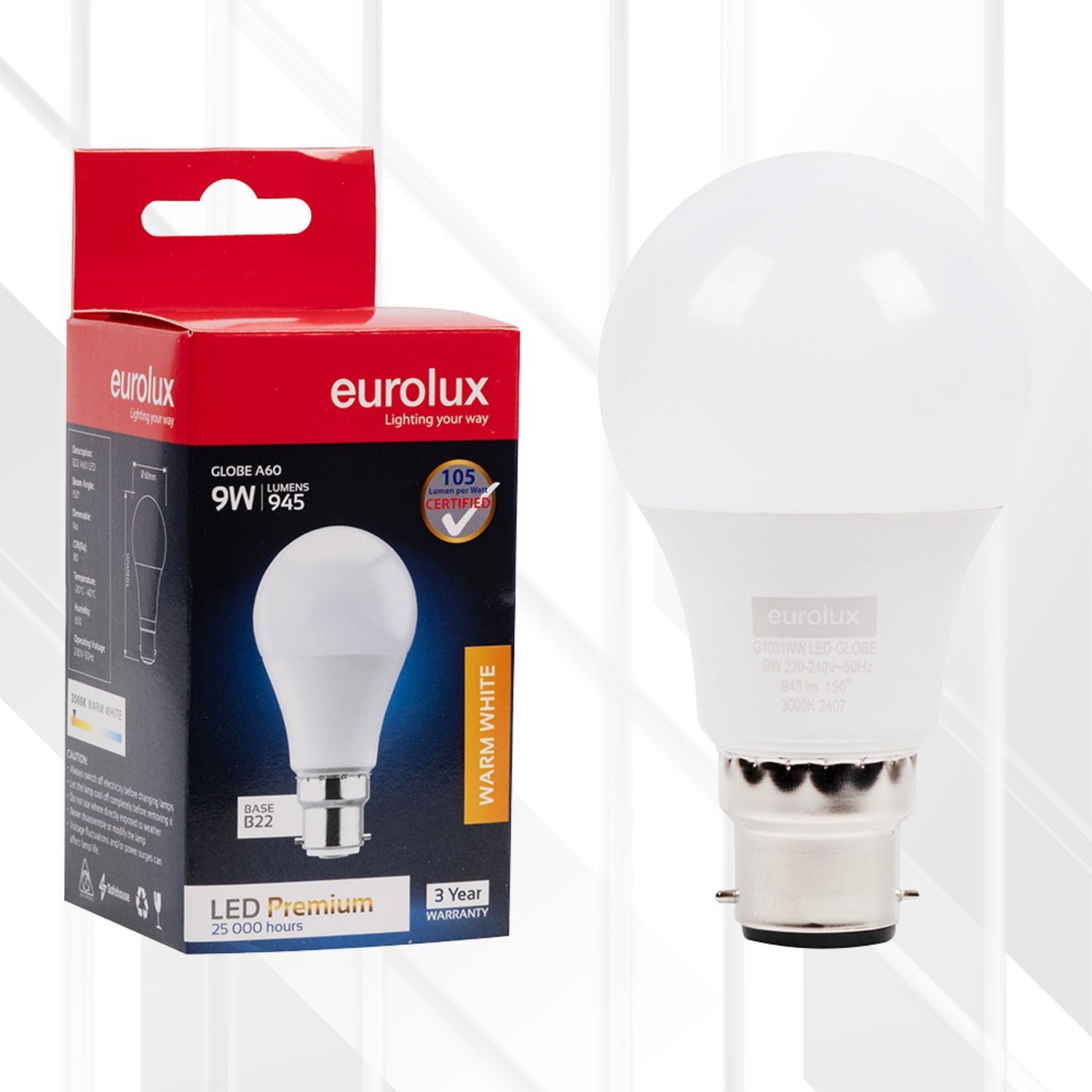 A60 Premium 9W LED B22, Colour Temperature: 3000K (Warm White)