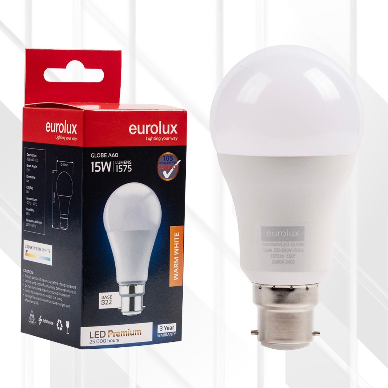A60 Premium 15W LED B22, Colour Temperature: 3000K (Warm White)
