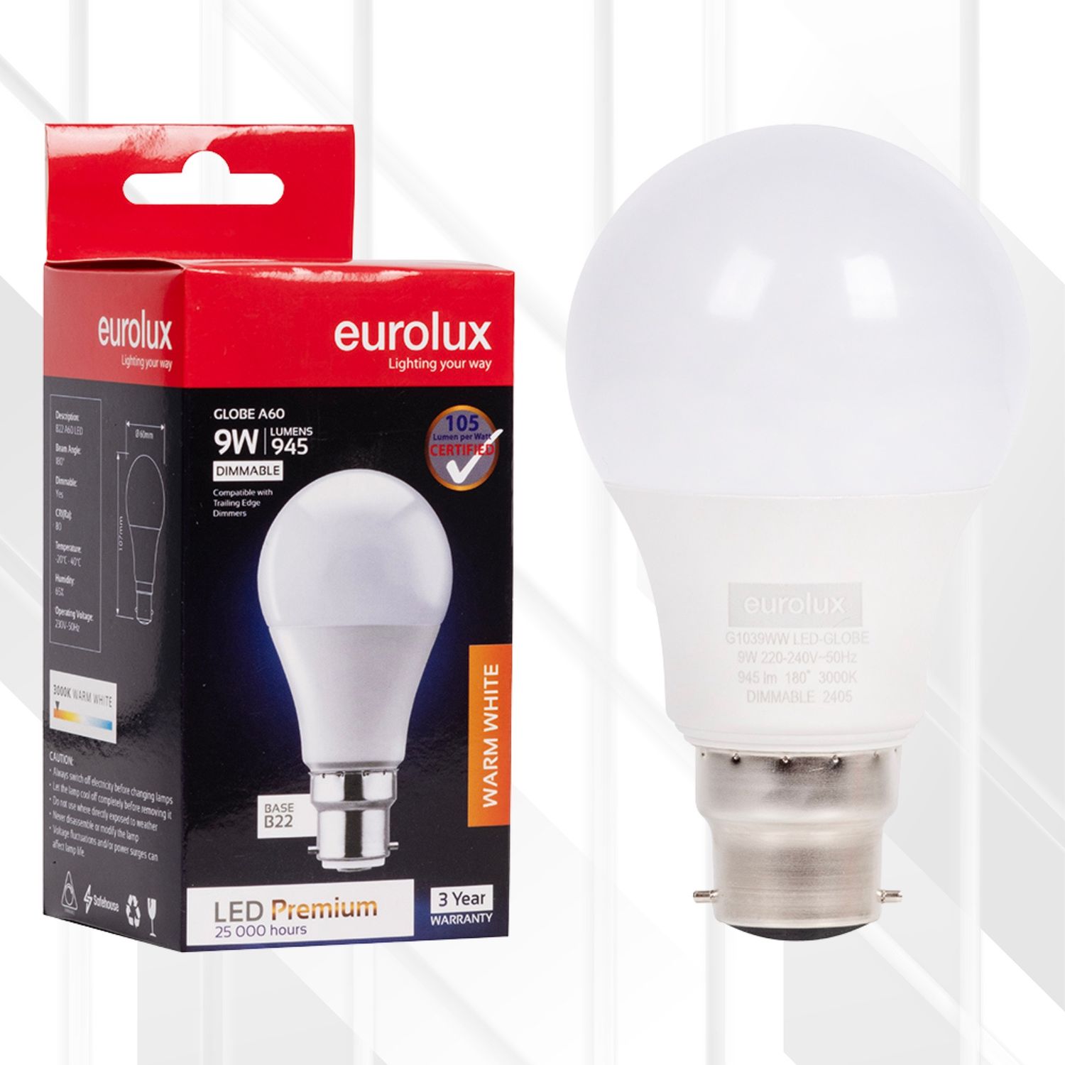A60 Premium 9W LED B22 Dimmable, Colour Temperature: 3000K (Warm White)