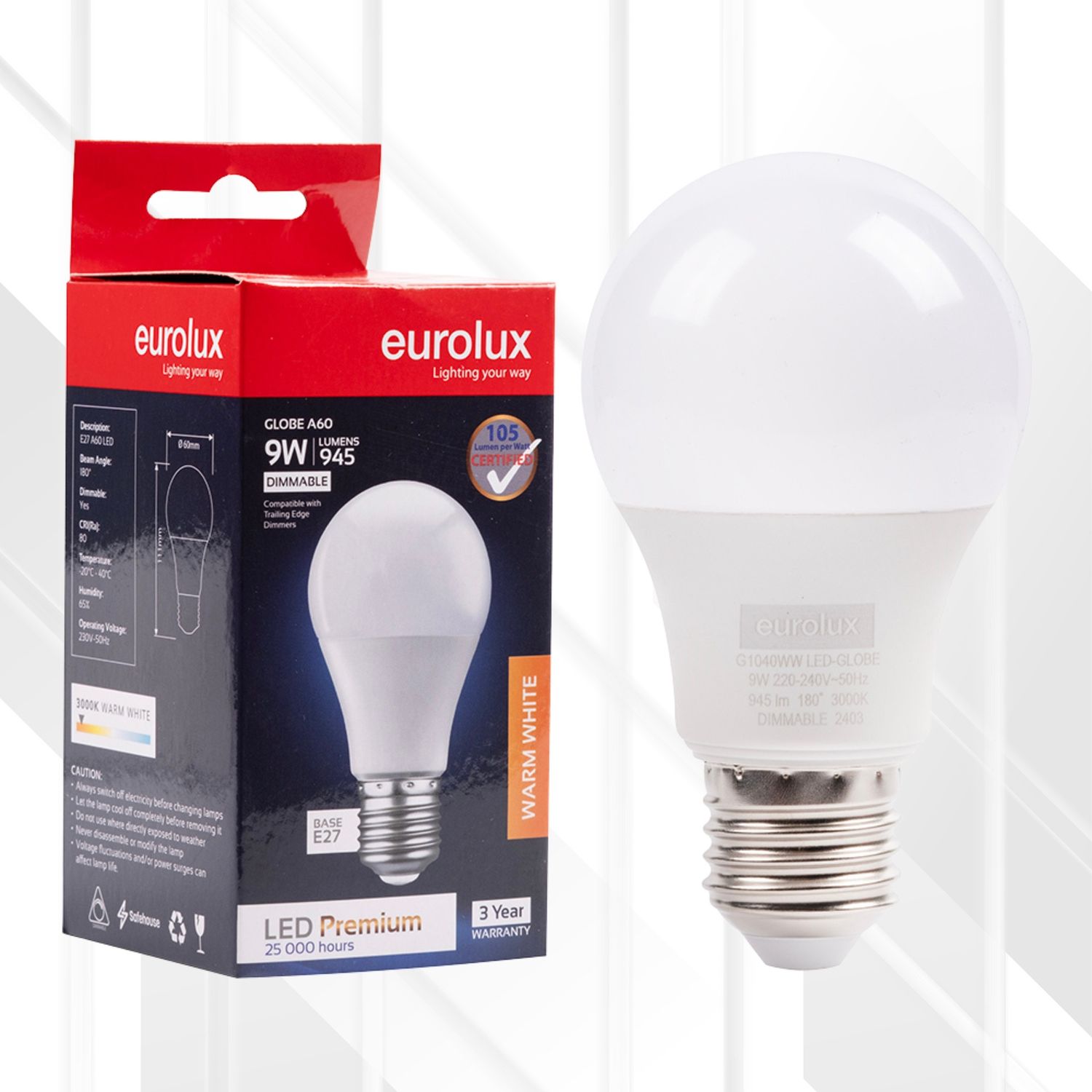 A60 Premium 9W LED E27 Dimmable, Colour Temperature: 3000K (Warm White)