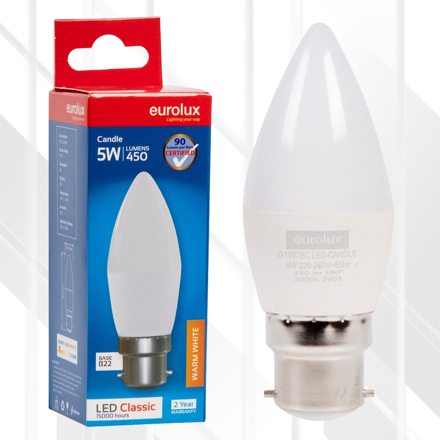 Candle Classic 5W LED B22 3000K, Pack Qty: Single