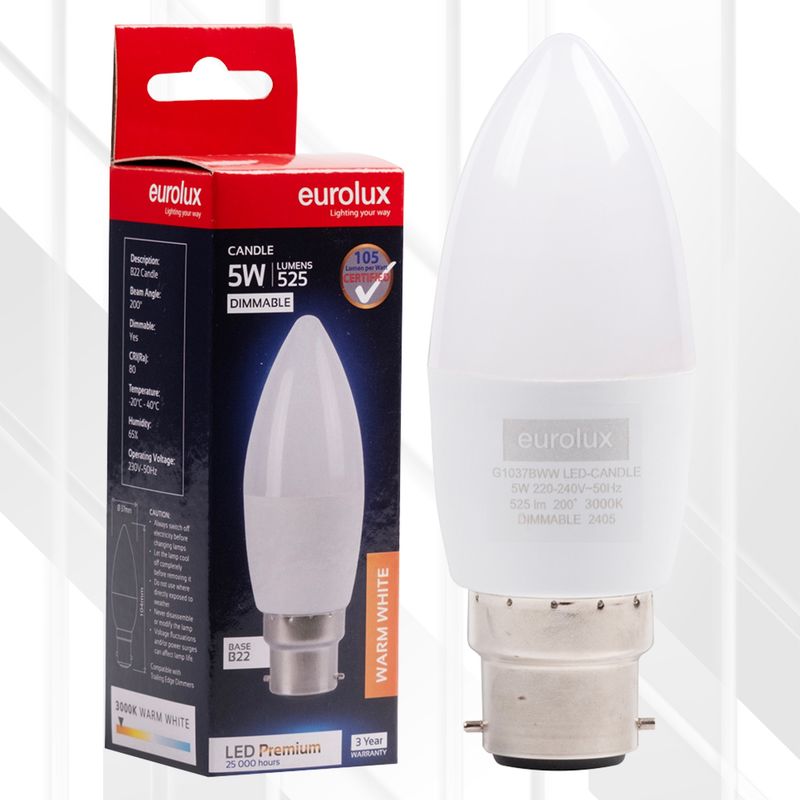 Candle Premium 5W LED B22 3000K Dimmable