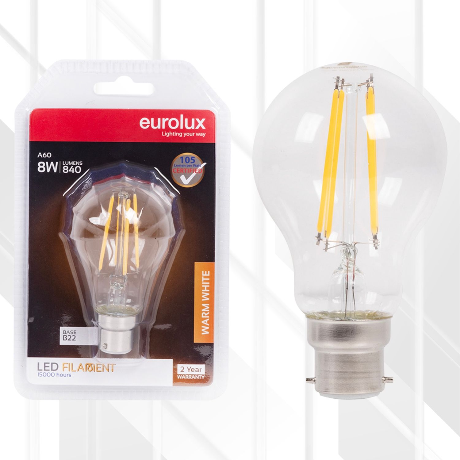 A60 Filament Clear 8W LED B22, Colour Temperature: 3000K (Warm White)