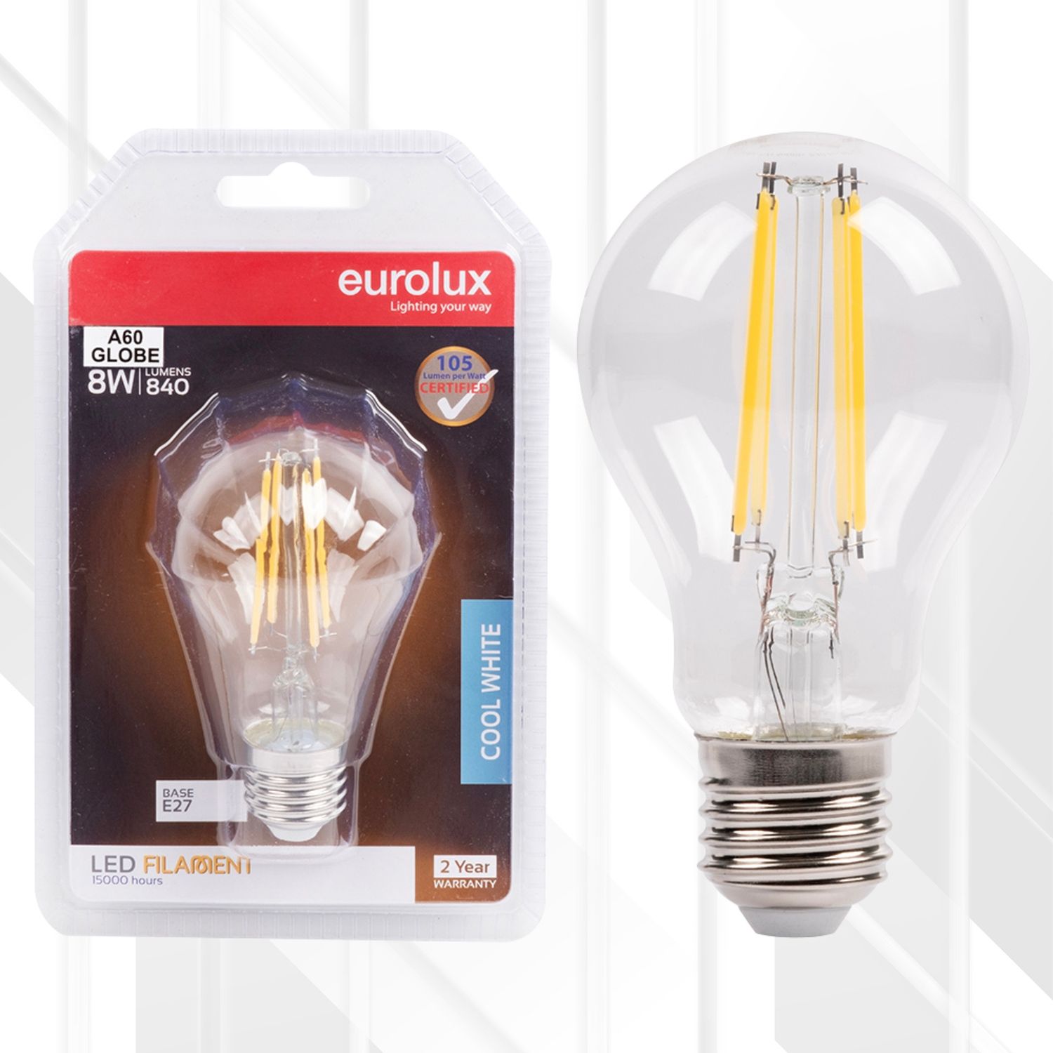 A60 Fliament Clear 8W LED E27, Colour Temperature: 4000K (Cool White)