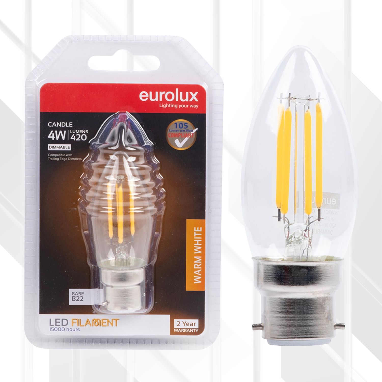 Candle Filament 4W LED B22 3000K Dimmable