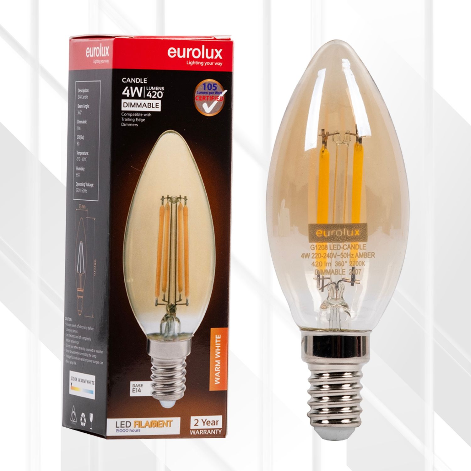 Candle Filament Amber 4W LED E14 2700K Dimmable