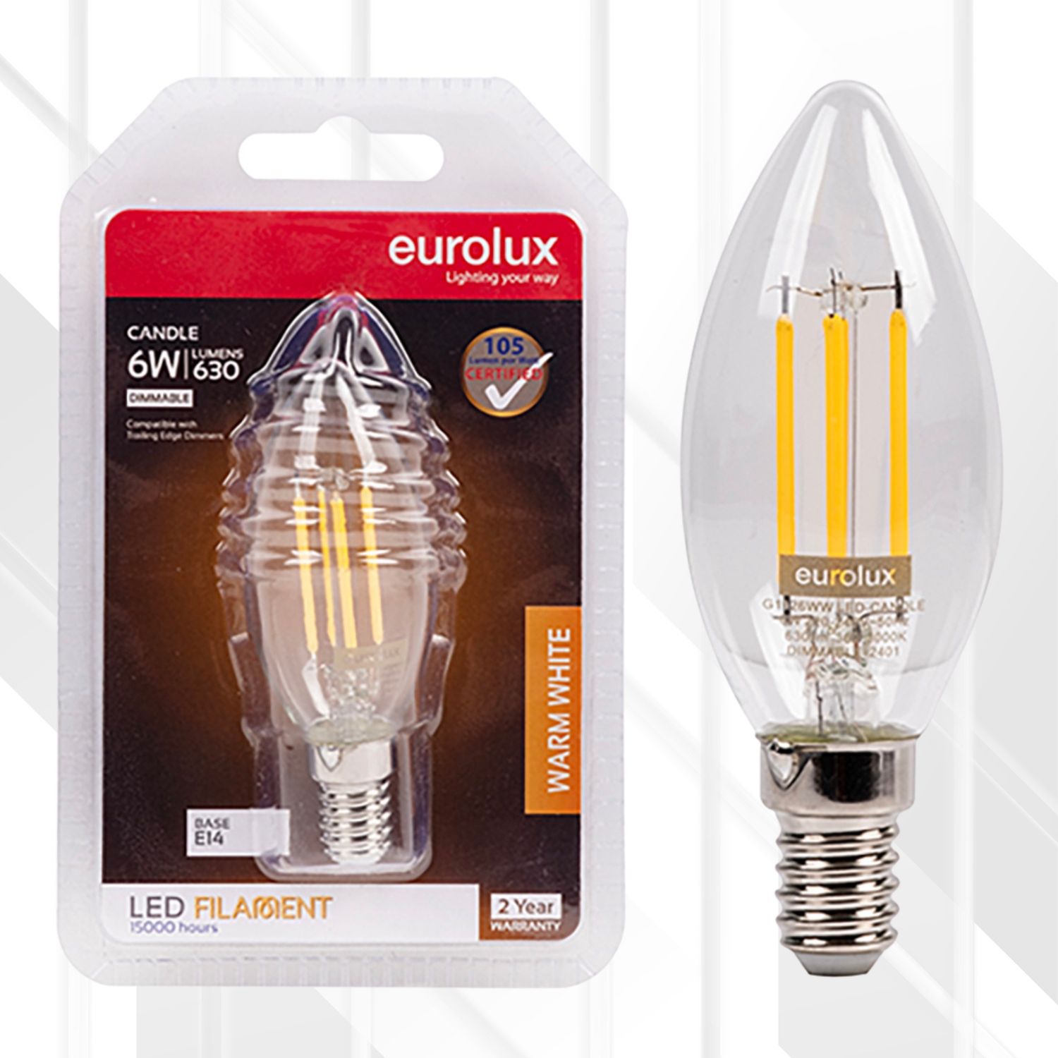 Candle Filament Clear 6W LED E14 Dimmable, Colour Temperature: 3000K (Warm White)