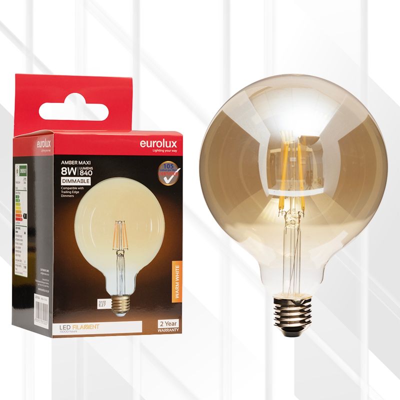 Maxi Globe G95 Filament Amber 8W LED E27 2700K Dimmable