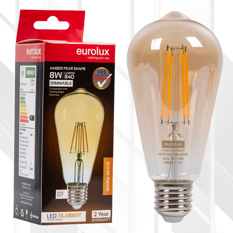 Pear Filament Amber 8W LED E27 2700K Dimmable